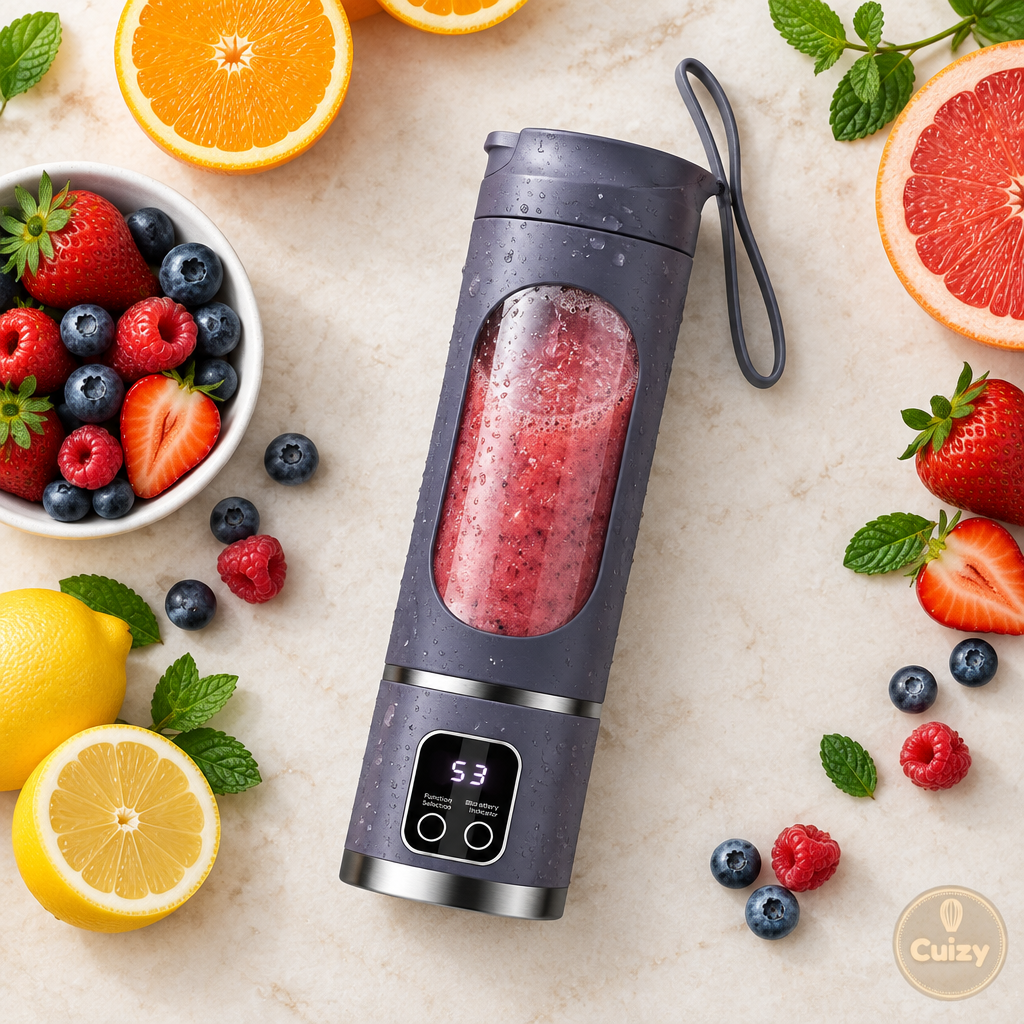 Vue du dessus du mixeur portable Cuizy Blend avec agrumes et baies
