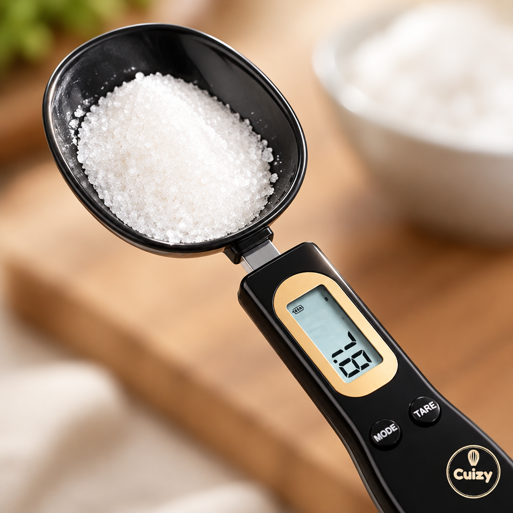 Gros plan sur l'écran et la cuillère de la balance Cuizy Weigh