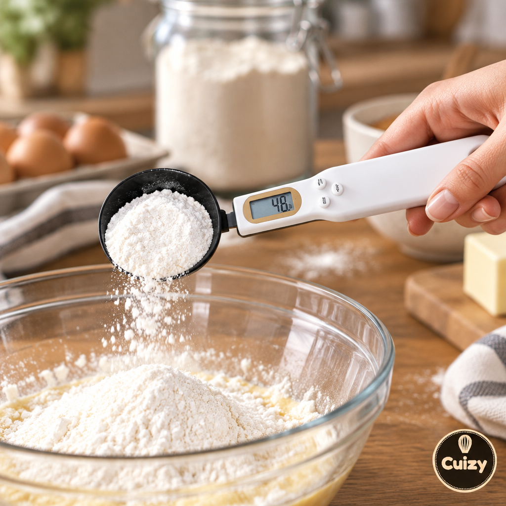 Cuizy Weigh en utilisation : pesée de farine au-dessus d'un saladier