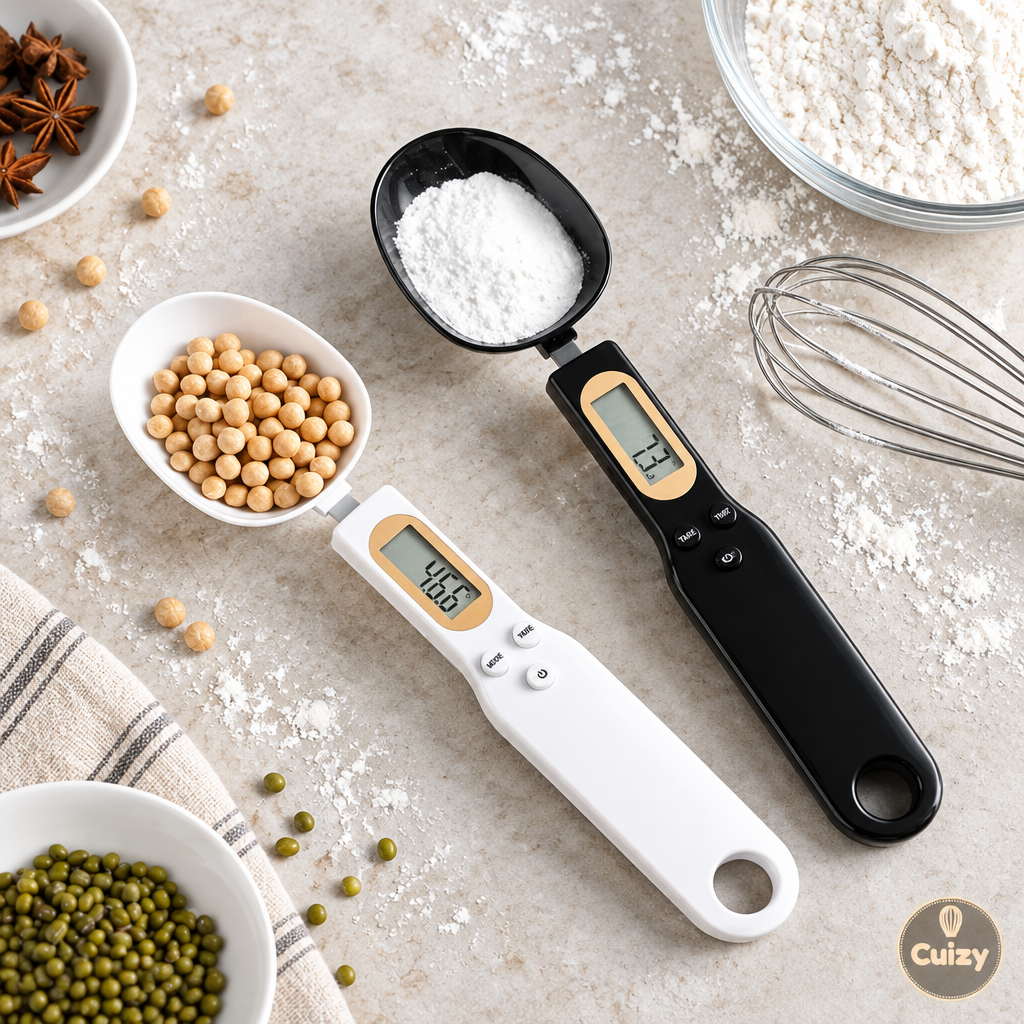 Vue du dessus des cuillères balance Cuizy Weigh avec de la farine
