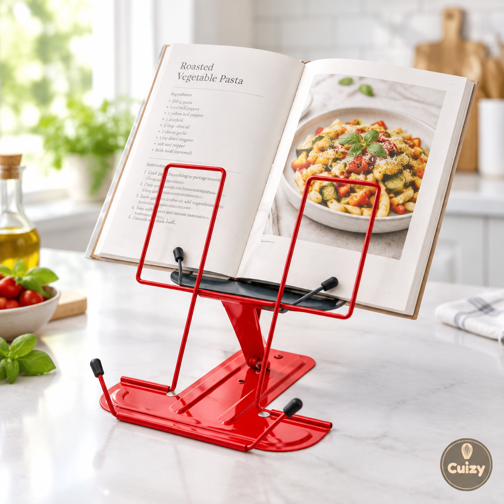 Support livre de recettes ajustable Cuizy Read sur un plan de travail