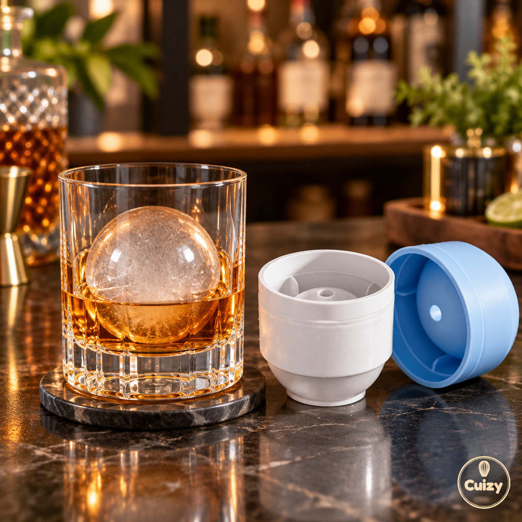 Sphère de glace claire dans un verre de whisky avec le moule Cuizy Sphere