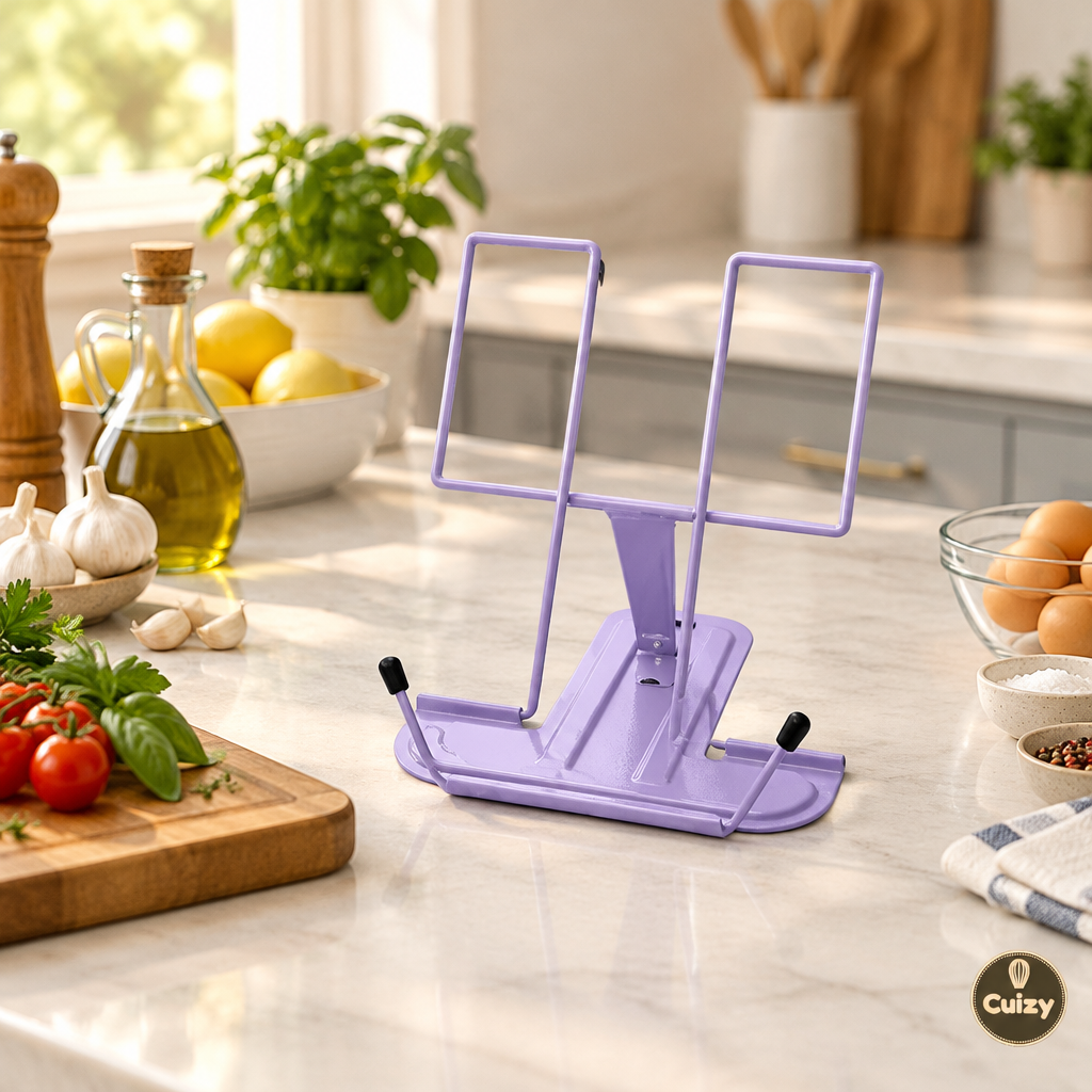 Cuizy Read sur un îlot de cuisine avec ingrédients