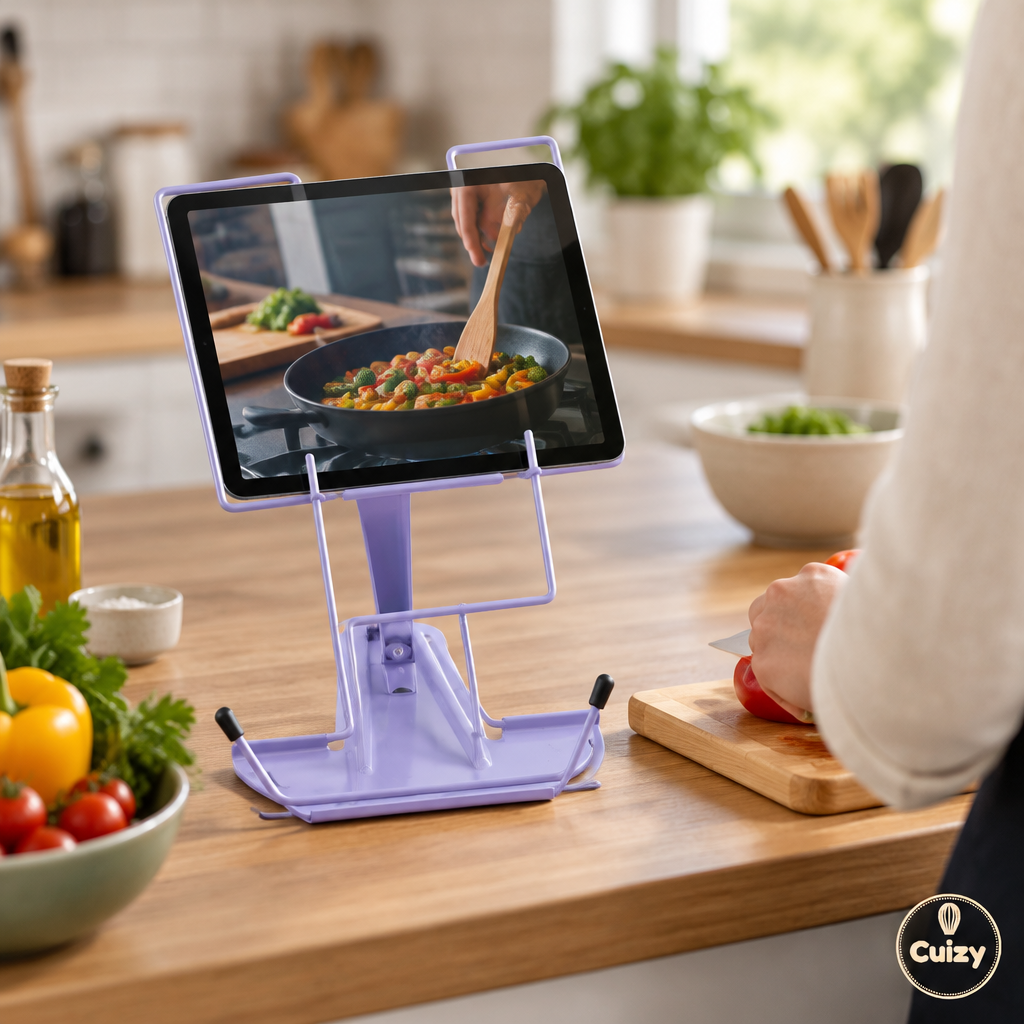 Cuizy Read portant une tablette avec une recette vidéo