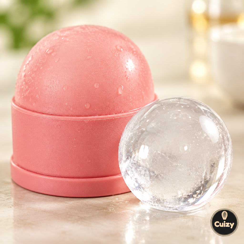 Gros plan sur le moule en silicone Cuizy Sphere et une sphère de glace