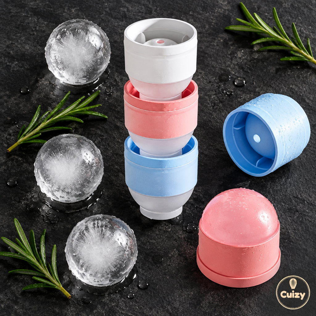 Vue du dessus des moules à glaçons Cuizy Sphere avec sphères de glace et romarin