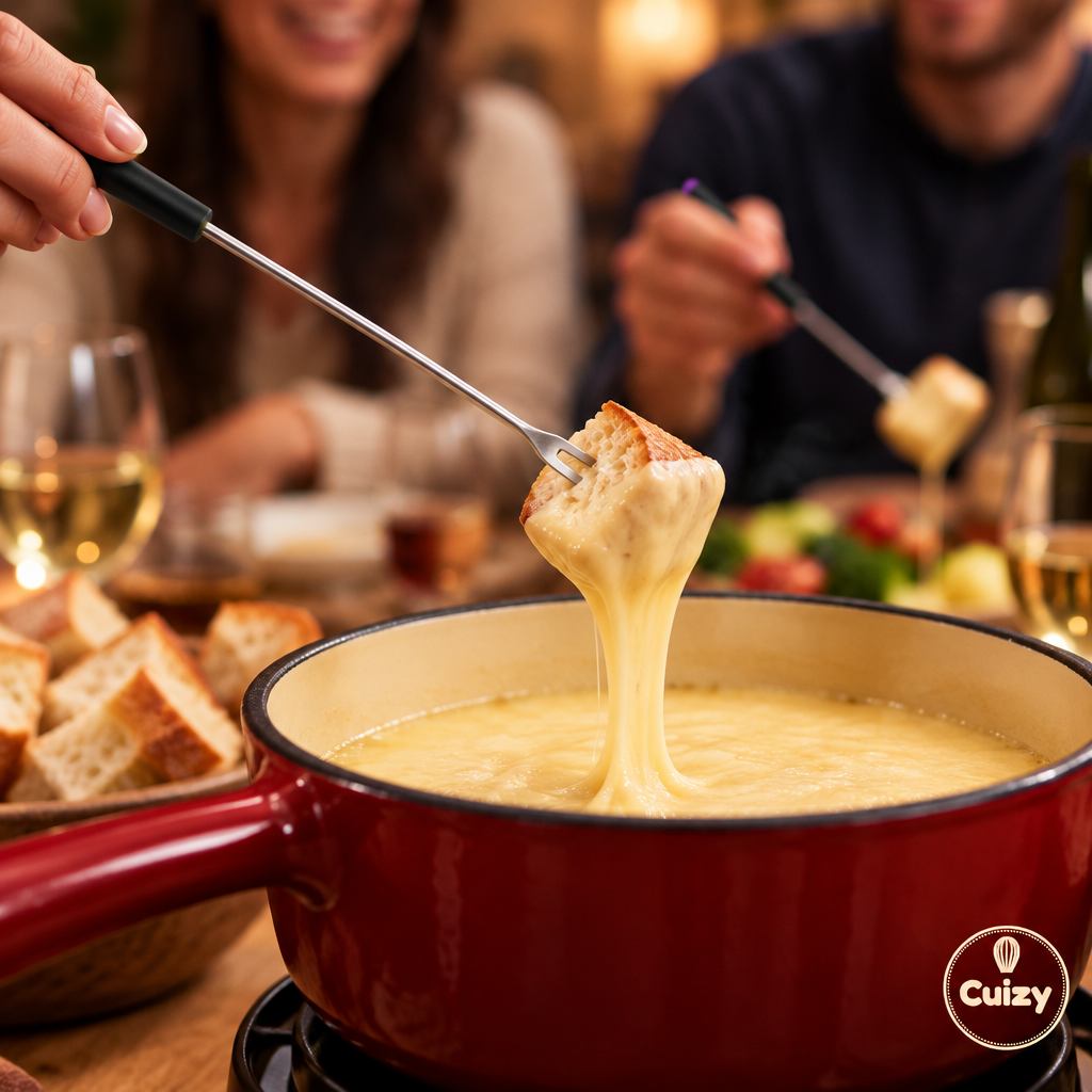 Cuizy Dip en utilisation : un cube de pain trempé dans le fromage fondu