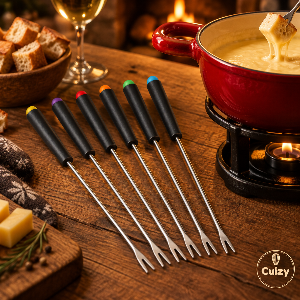 Set de 6 fourchettes à fondue Cuizy Dip sur une table en bois