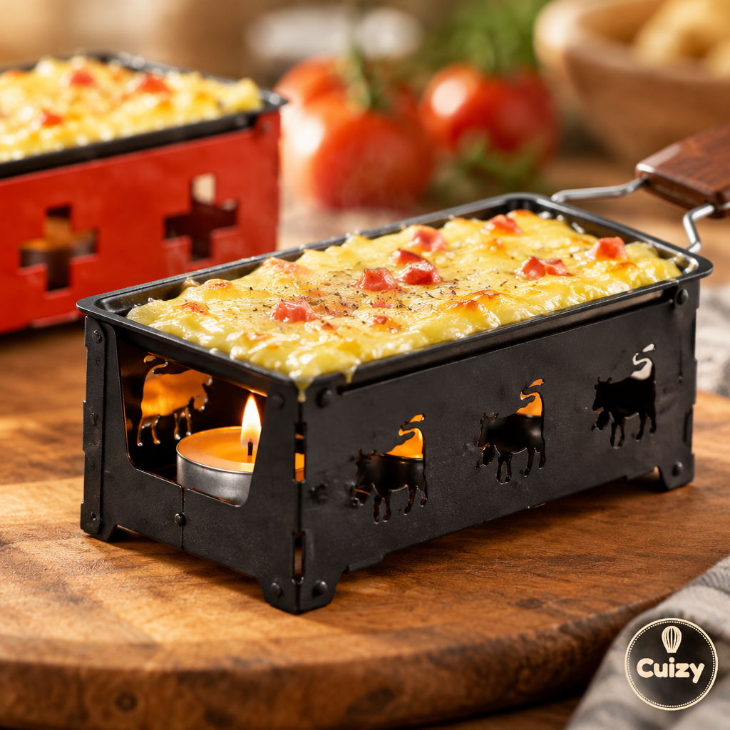 Gros plan sur le poêlon et la bougie du set raclette Cuizy Flame