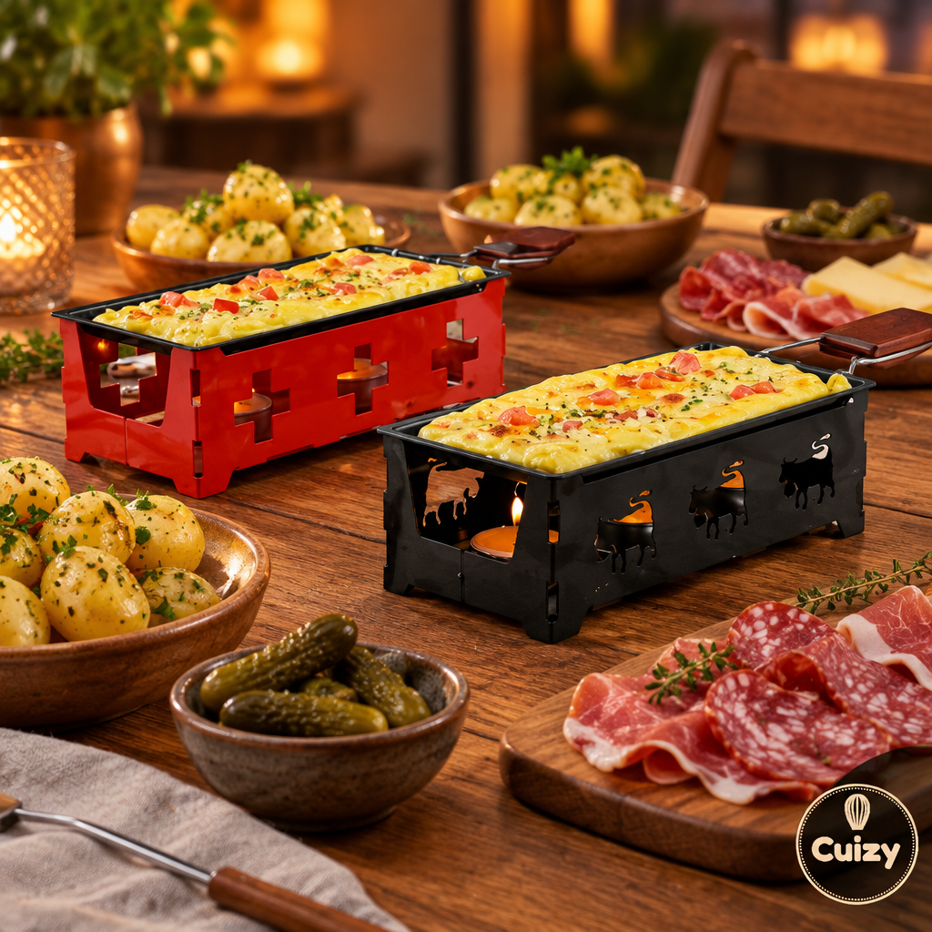 Deux sets raclette Cuizy Flame sur une table avec pommes de terre et charcuterie