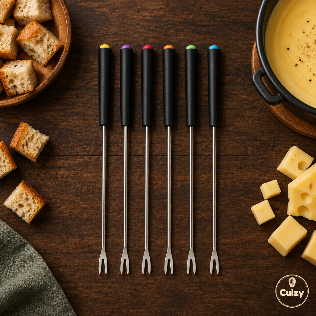 Vue du dessus des fourchettes à fondue Cuizy Dip avec pain et fromage