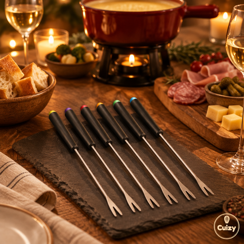 Fourchettes Cuizy Dip sur une table de fondue avec pain et charcuterie
