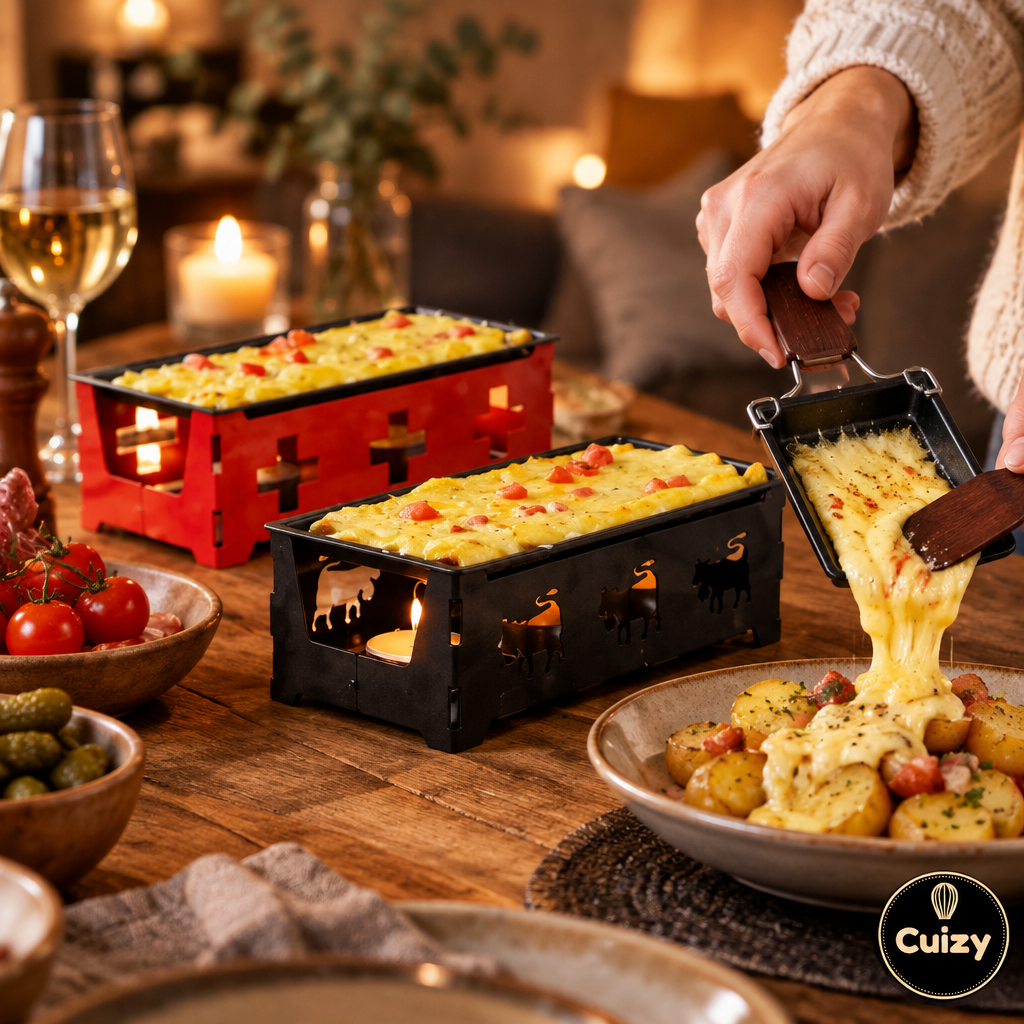 Cuizy Flame en utilisation : fromage fondu sur des pommes de terre