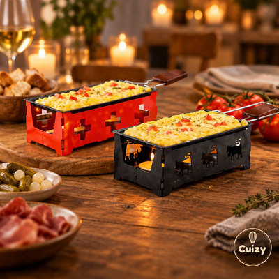 Set raclette à bougie individuelle Cuizy Flame sur une table en bois