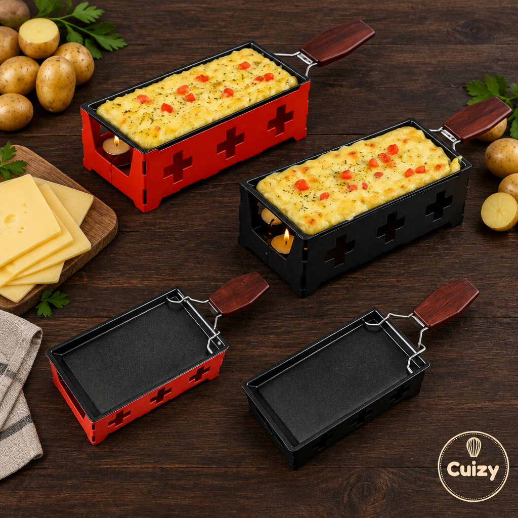 Vue du dessus du set raclette Cuizy Flame avec pommes de terre et fromage