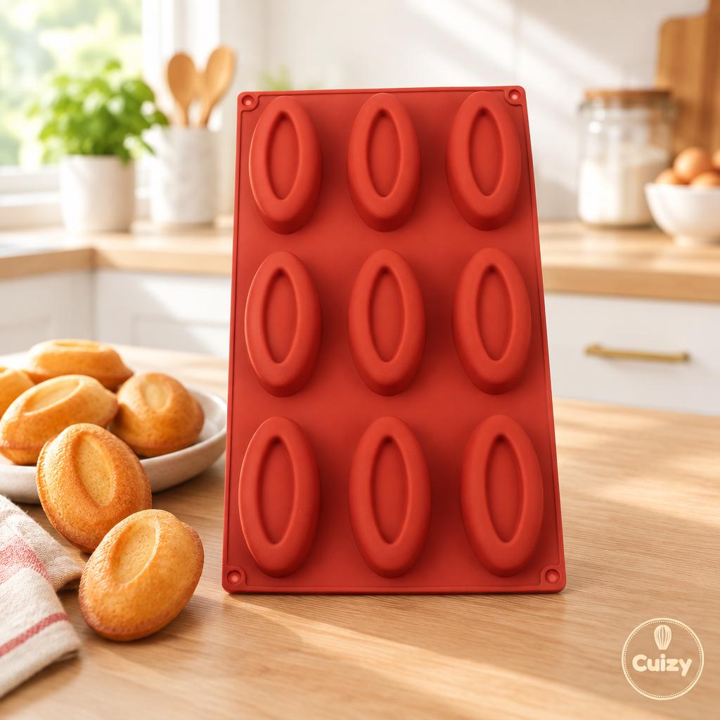 Moule à gâteaux silicone 9 empreintes Cuizy Bake avec mini gâteaux dorés