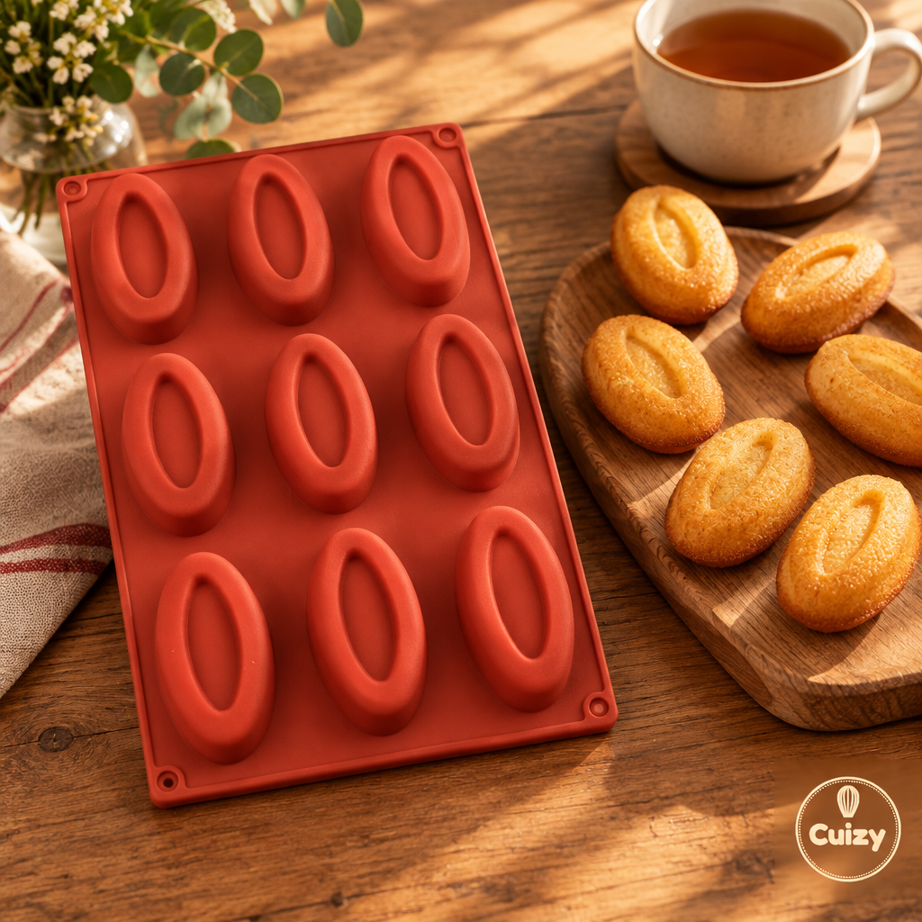 Moule Cuizy Bake à côté de mini gâteaux démoulés et d'une tasse de thé