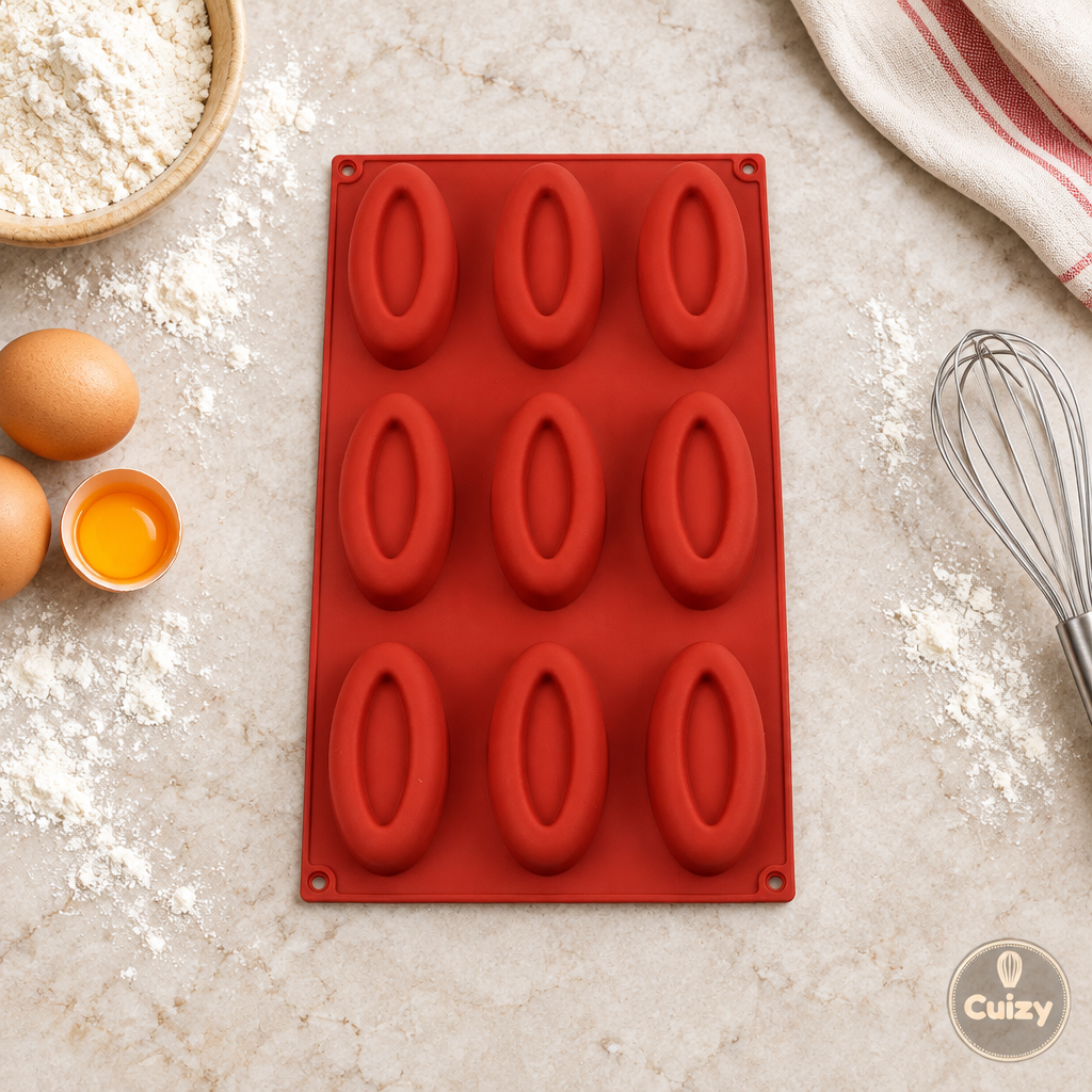 Vue du dessus du moule en silicone Cuizy Bake avec farine et œufs