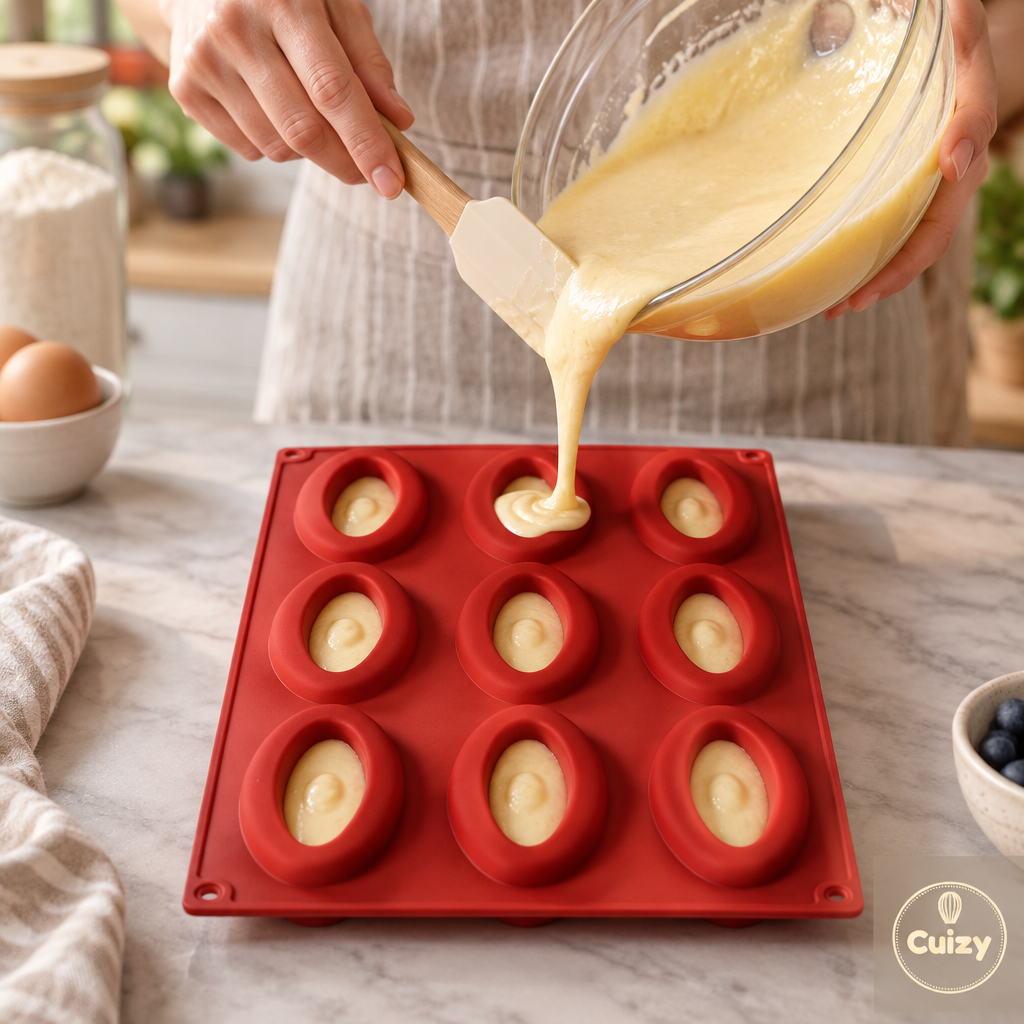 Cuizy Bake en utilisation : de la pâte versée dans les empreintes