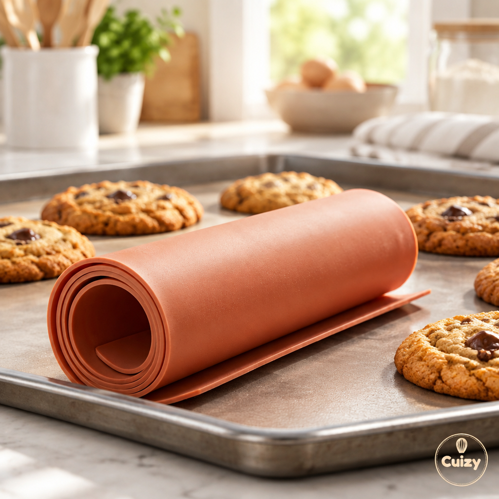 Tapis de cuisson silicone réutilisable Cuizy Sheet sur une plaque avec cookies