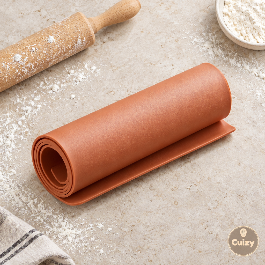 Vue du dessus du tapis de cuisson Cuizy Sheet avec rouleau et farine