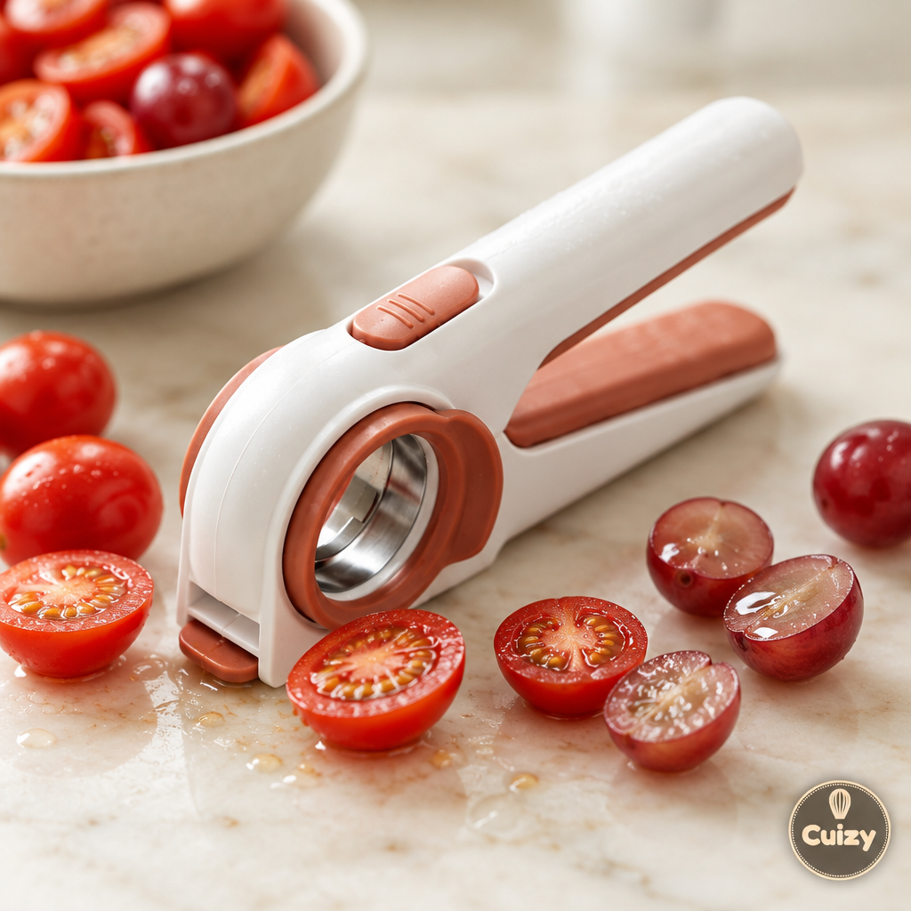 Détail du trancheur avec tomates et raisins coupés