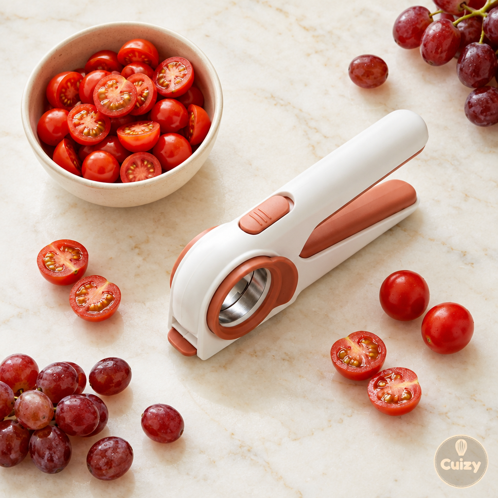 Vue du dessus du trancheur avec tomates et raisins