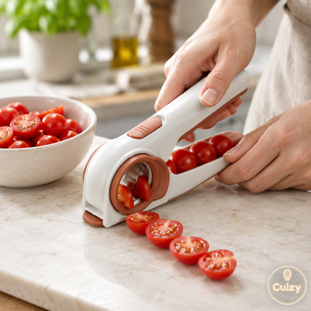 Découpe de tomates cerises en deux d'un seul geste