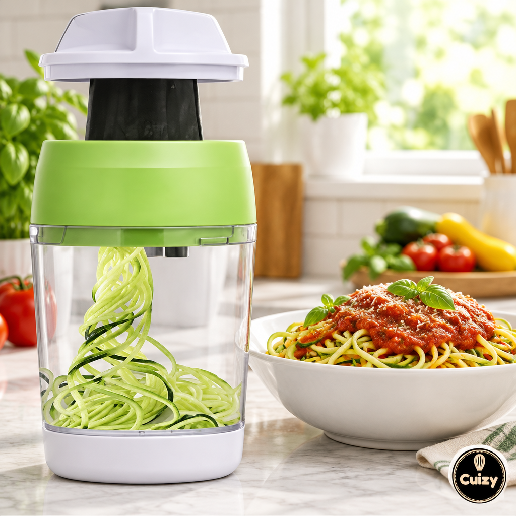 Spiraliseur à côté d'un bol de nouilles de légumes