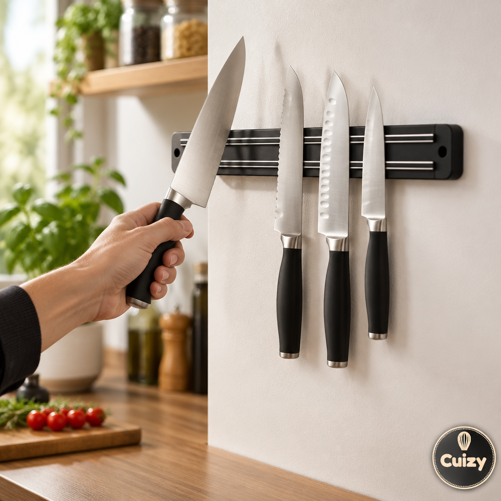 Couteau de chef retiré du porte-couteaux magnétique