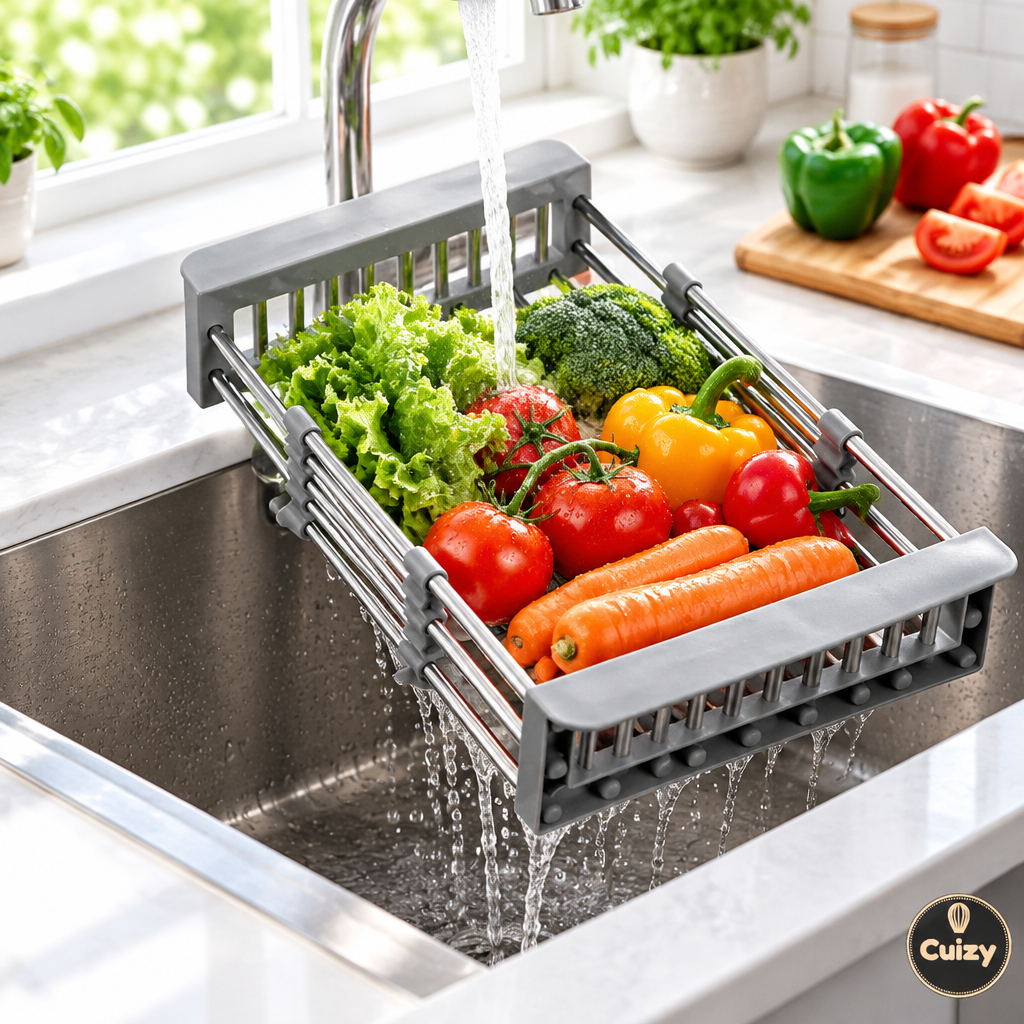 Passoire extensible avec fruits et légumes sur l'évier