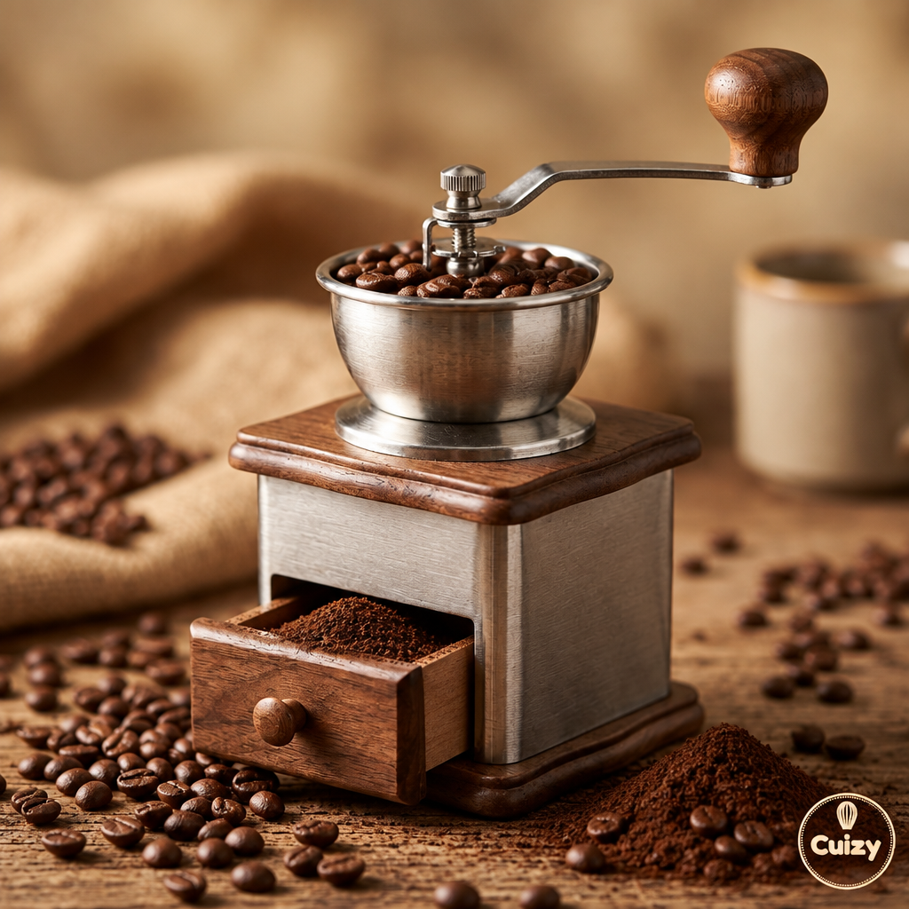 Détail du moulin avec café fraîchement moulu