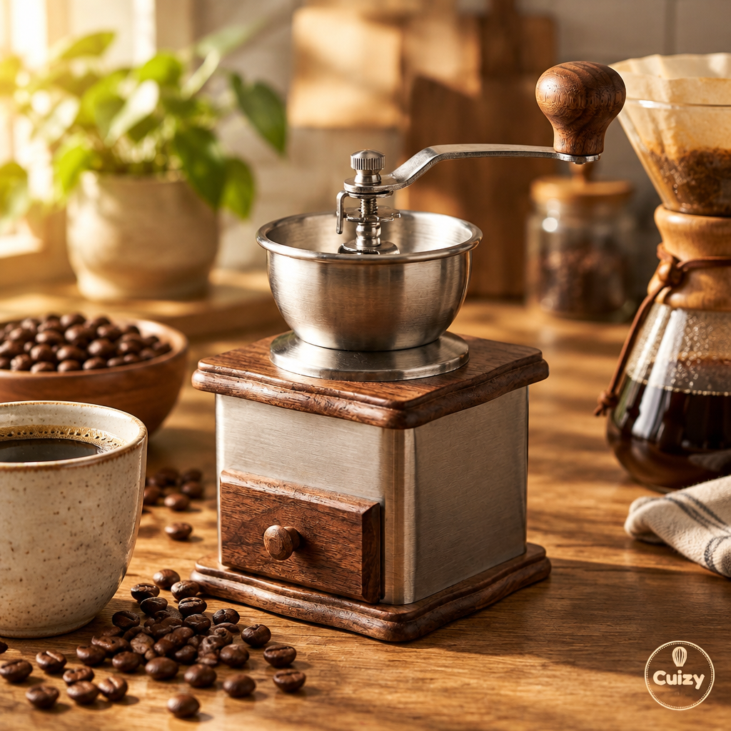 Moulin à café à côté d'une tasse de café frais