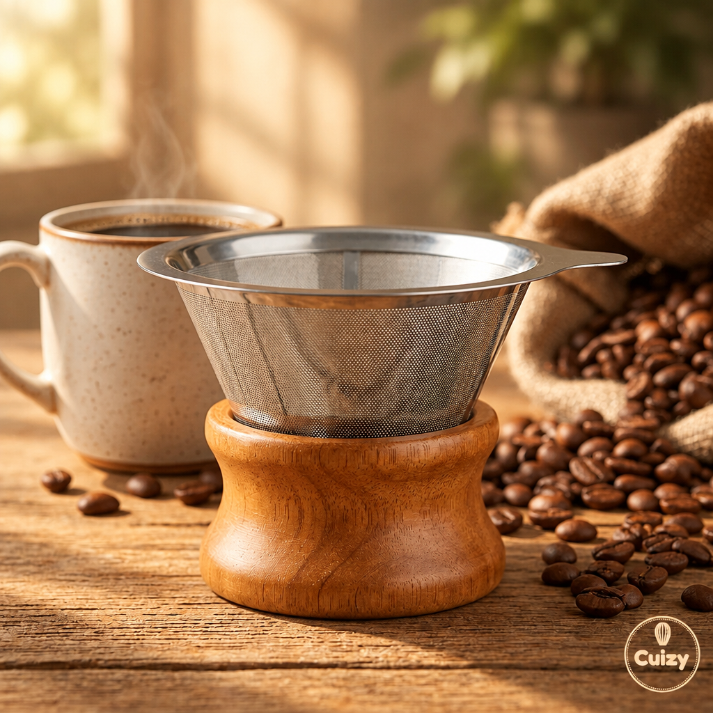 Filtre à café près d'une tasse et de grains de café
