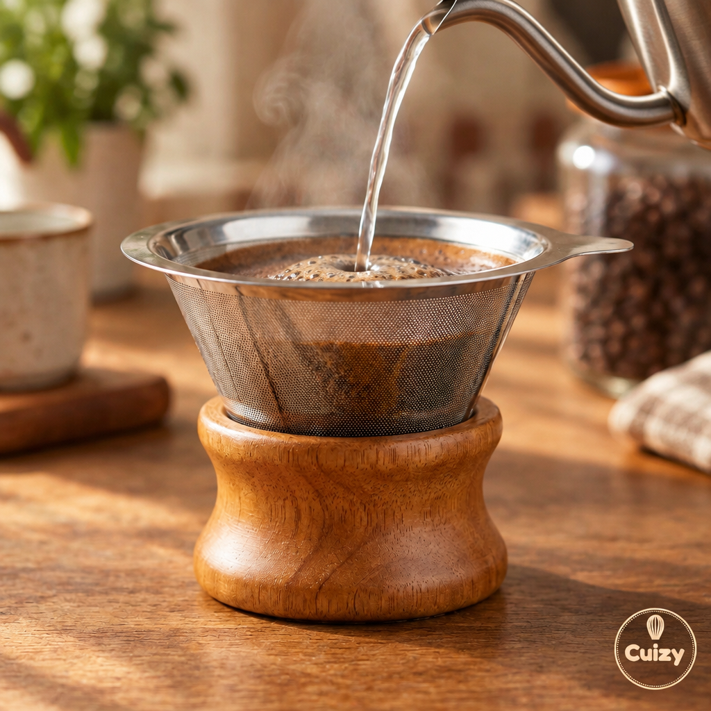 Eau chaude versée sur le café dans le filtre inox
