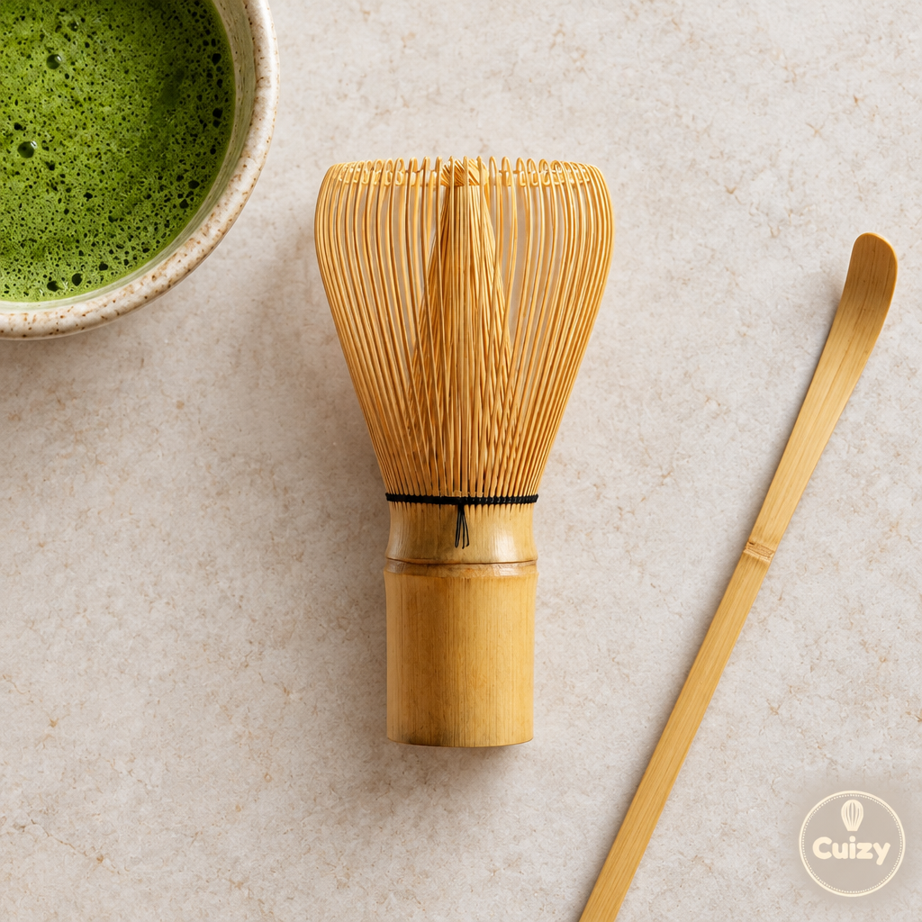 Vue du dessus du fouet à matcha et du bol