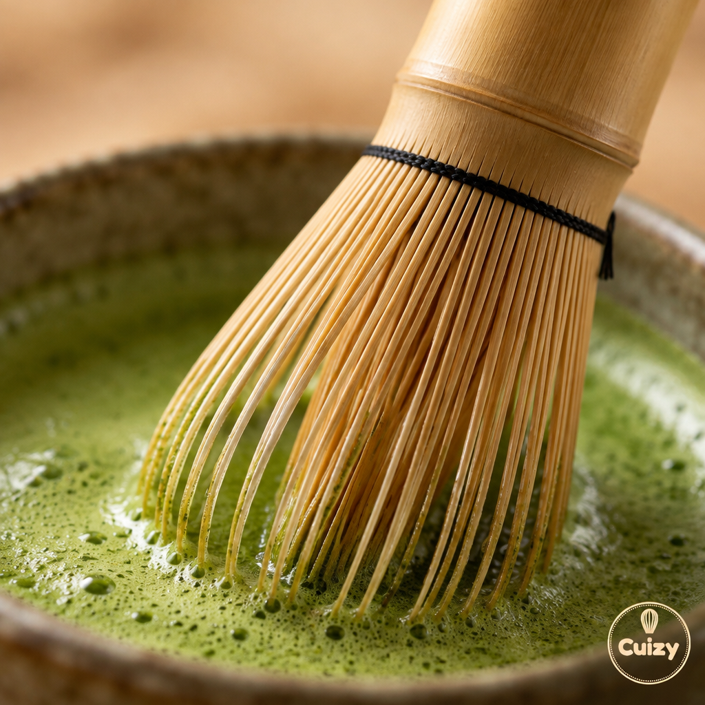 Détail des fines dents en bambou et de la mousse de matcha