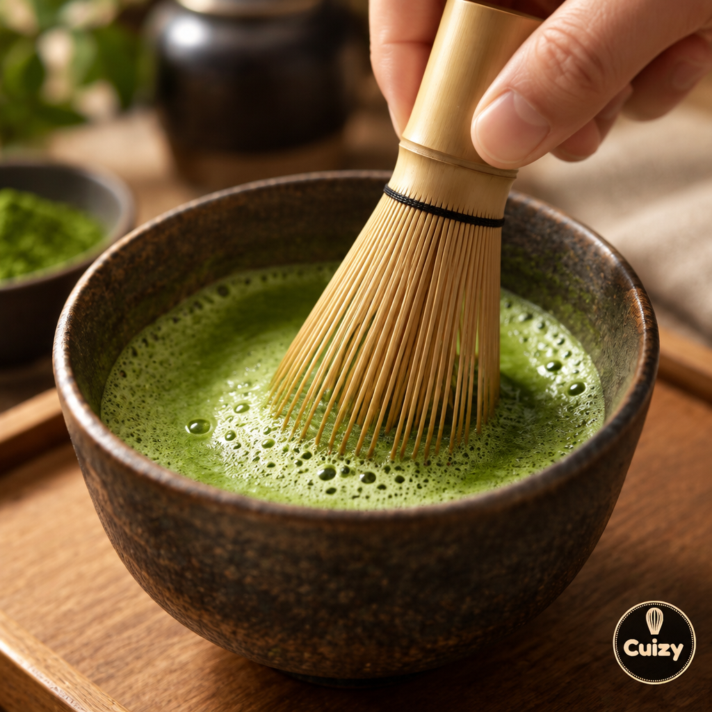 Préparation du matcha au fouet en bambou