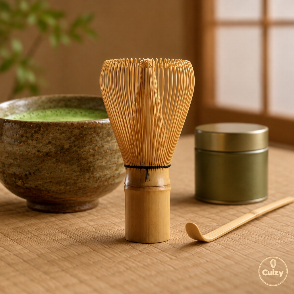 Fouet à matcha près d'un bol et d'une cuillère