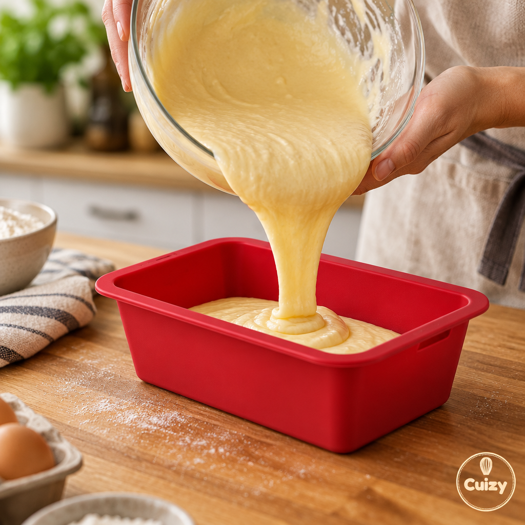 Pâte à cake versée dans le moule en silicone