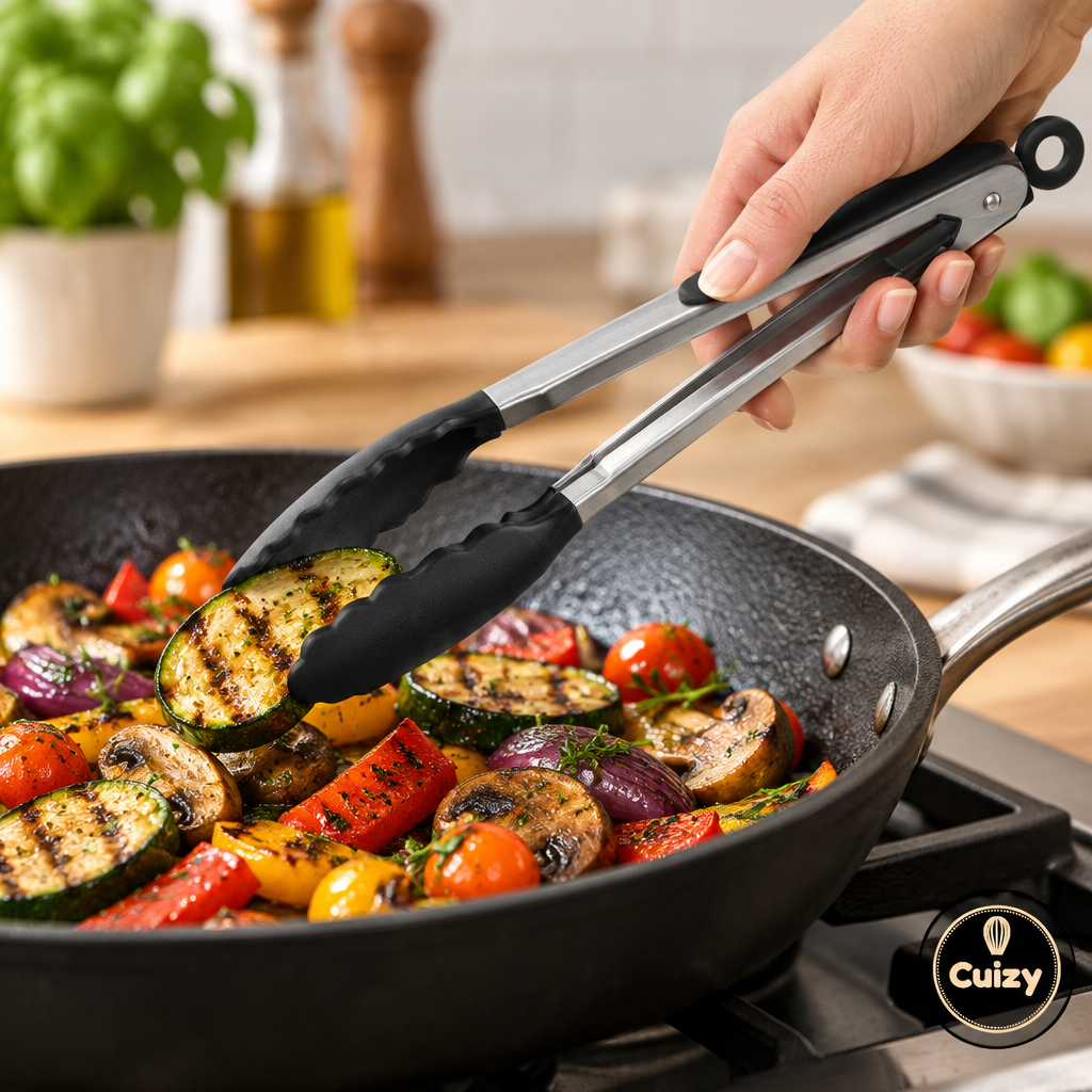 Légumes grillés retournés avec la pince en silicone