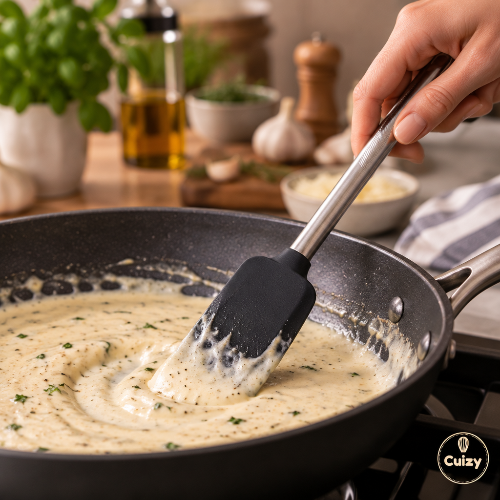 Sauce crémeuse mélangée avec la spatule en silicone