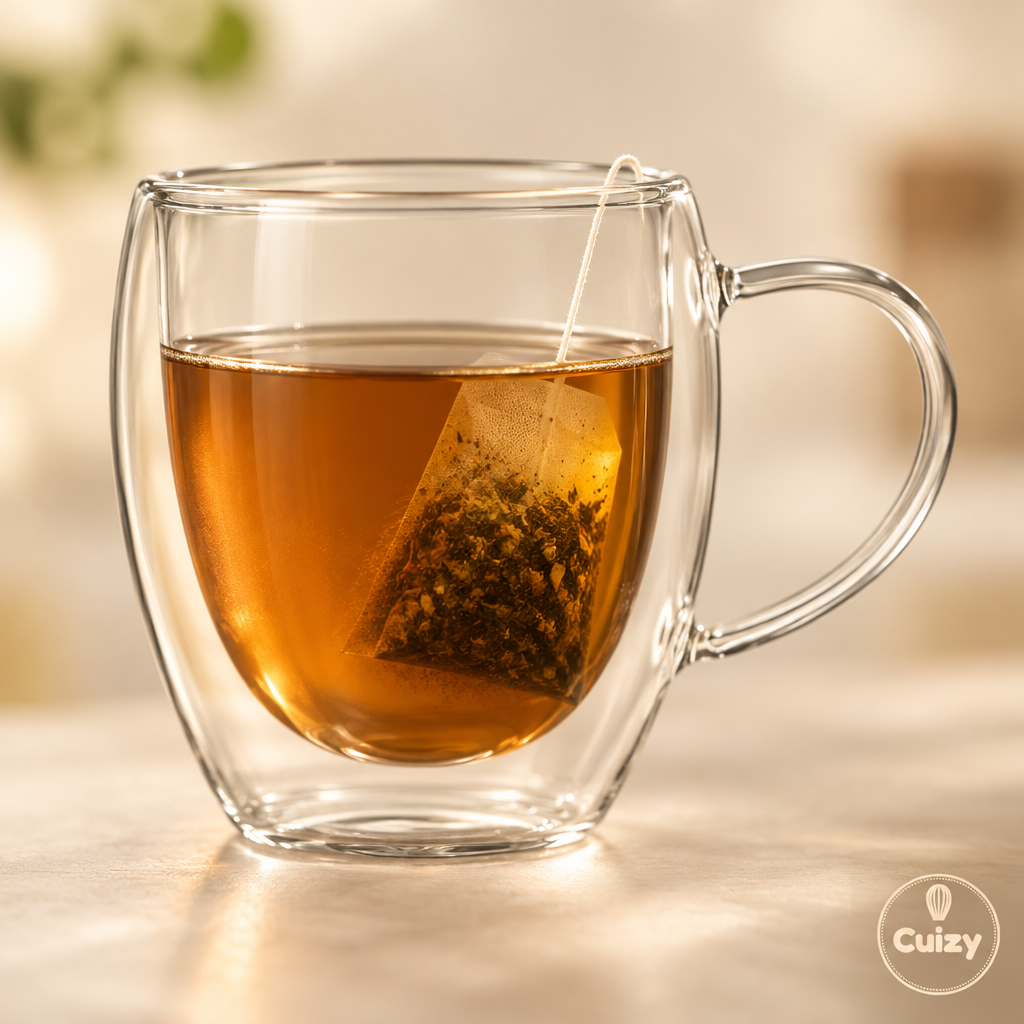 Détail de la double paroi en verre avec un sachet de thé