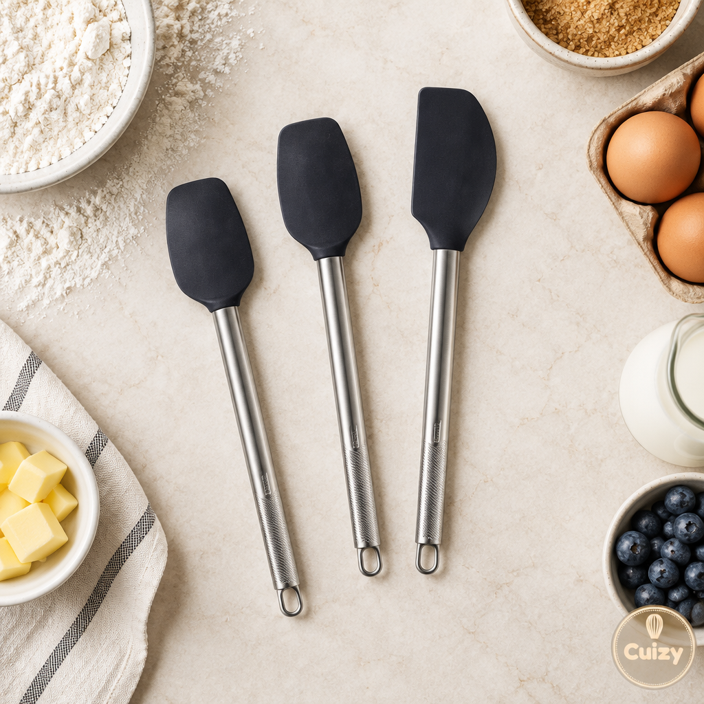Vue du dessus des 3 spatules et ingrédients