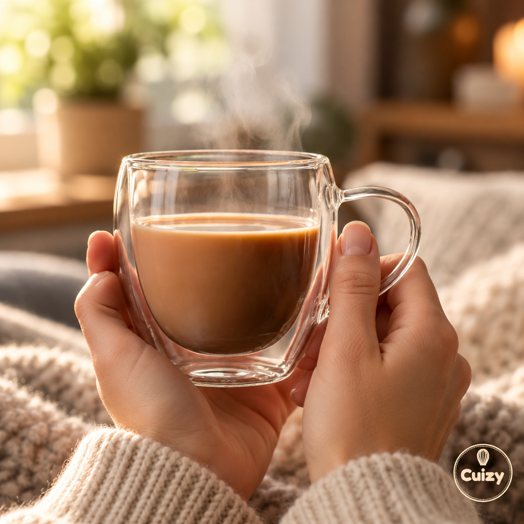 Verre double paroi tenu à deux mains avec un café chaud