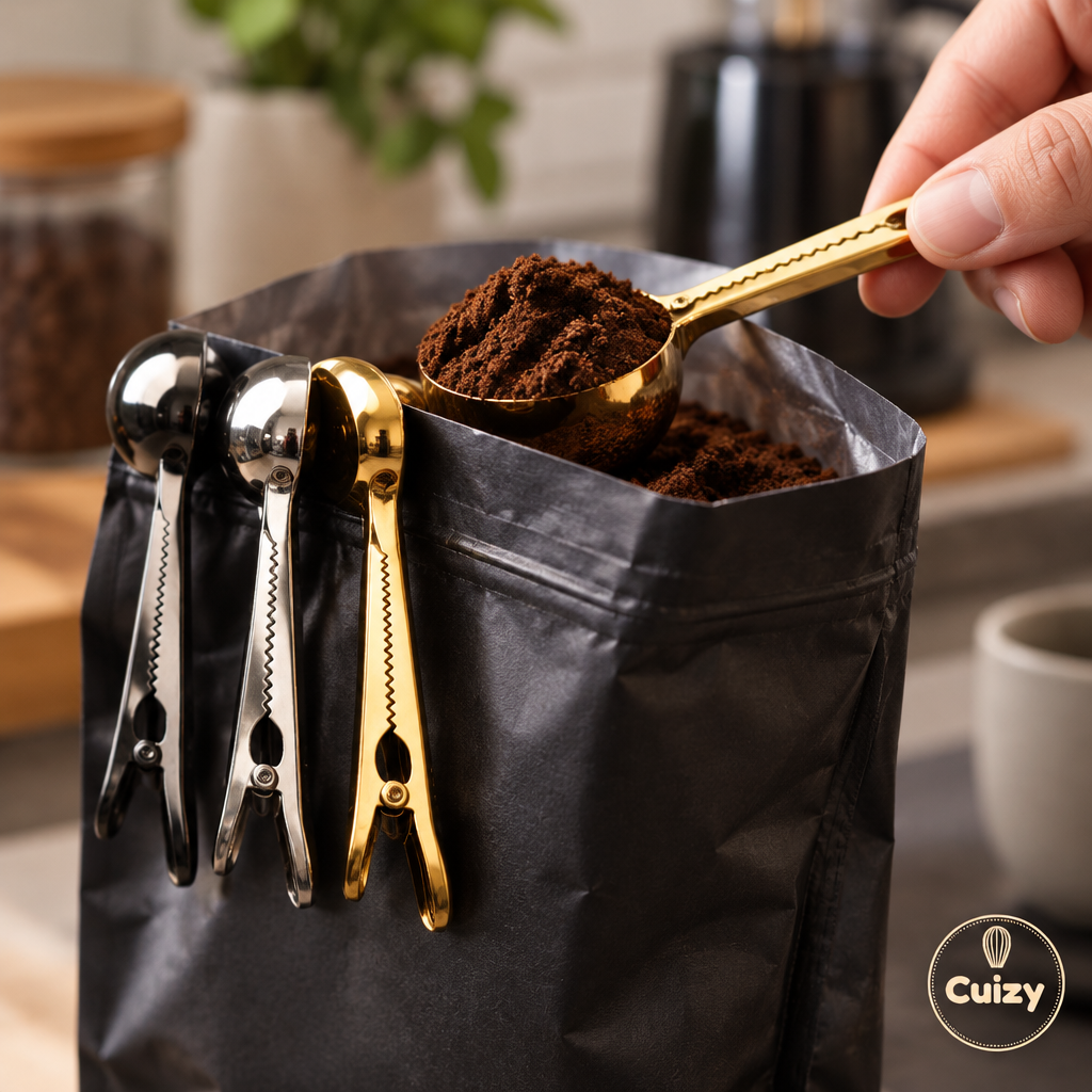 Cuillère doseuse clipsée sur un sachet de café