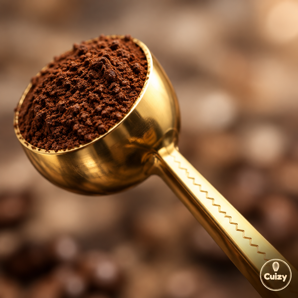 Détail de la cuillère doseuse pleine de café moulu