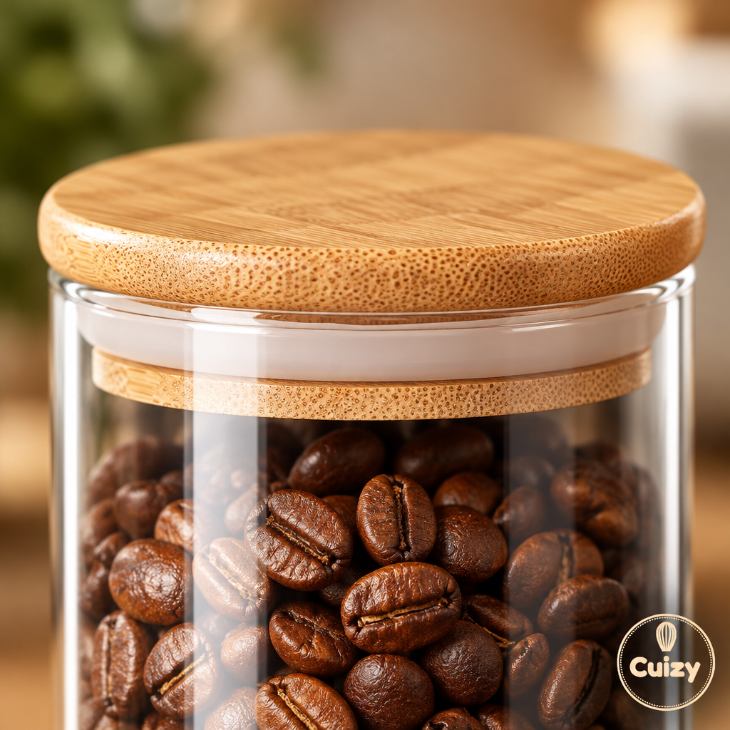 Détail du couvercle hermétique avec grains de café