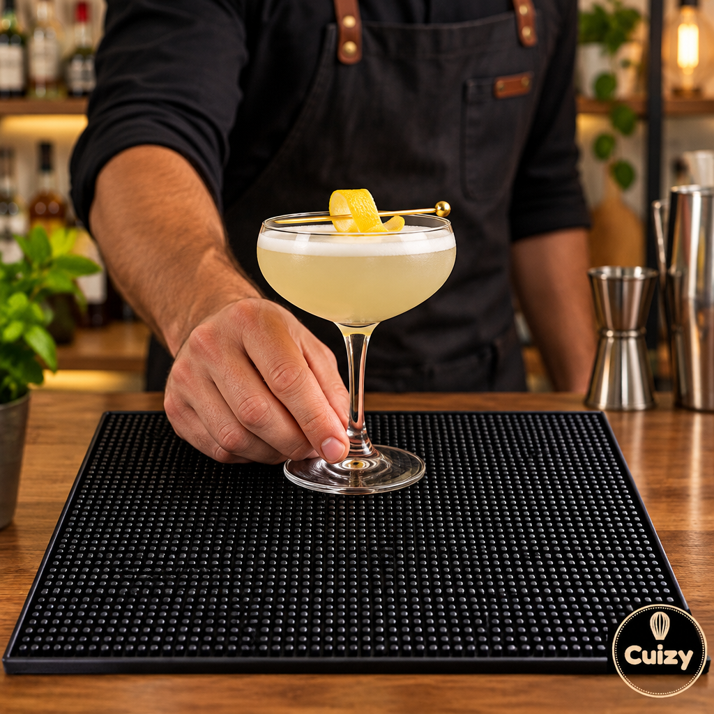 Verre à cocktail posé sur le tapis de bar
