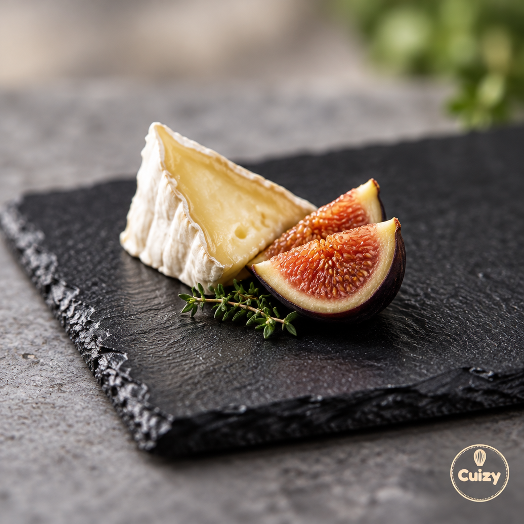 Détail de la surface en ardoise avec fromage et figue